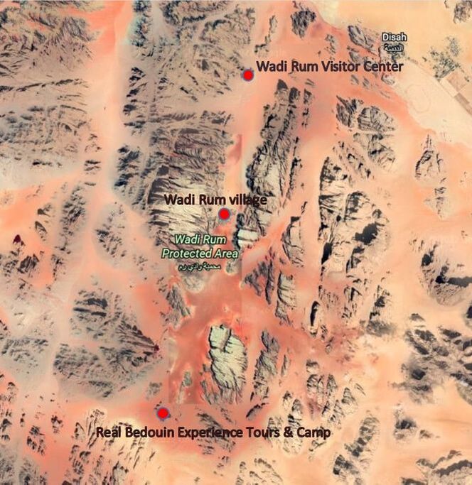 Location of Real Bedouin Experience Camp in Wadi Rum desert, Wadi Rum map, desert camp wadi rum